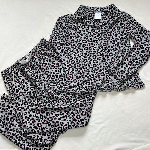 Fleece Pajama Set, Grey/Black/Pink Leopard Pattern, Girls 7/8
